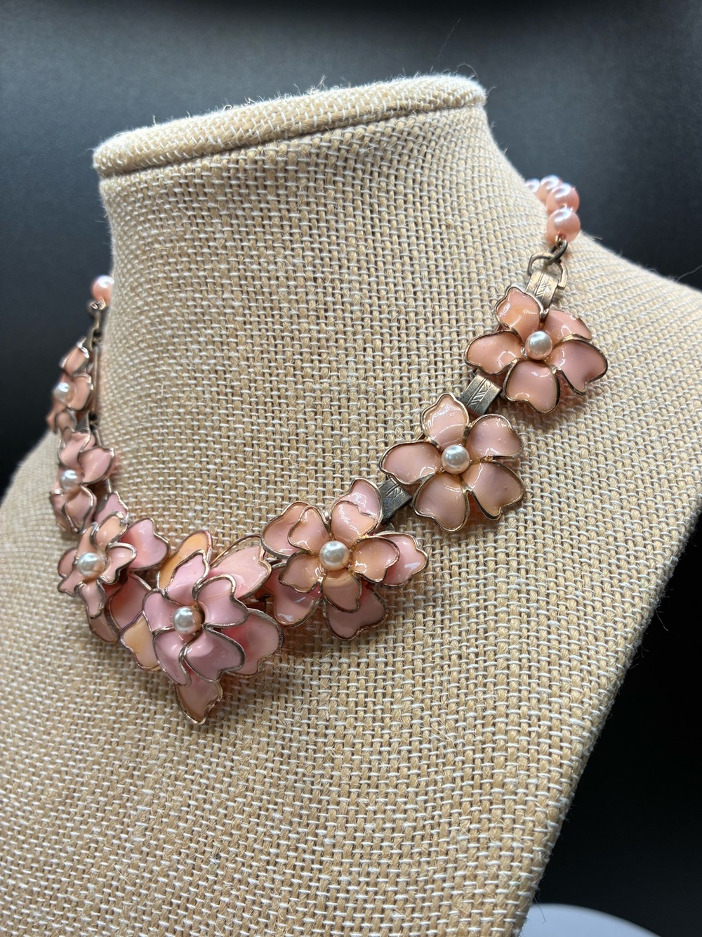 Vintage Pink Floral Enamel Necklace with Pearl Accents